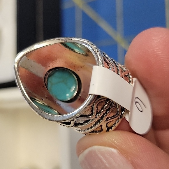 Turquoise Stone Silver Tone Ring 1" - Picture 3 of 4